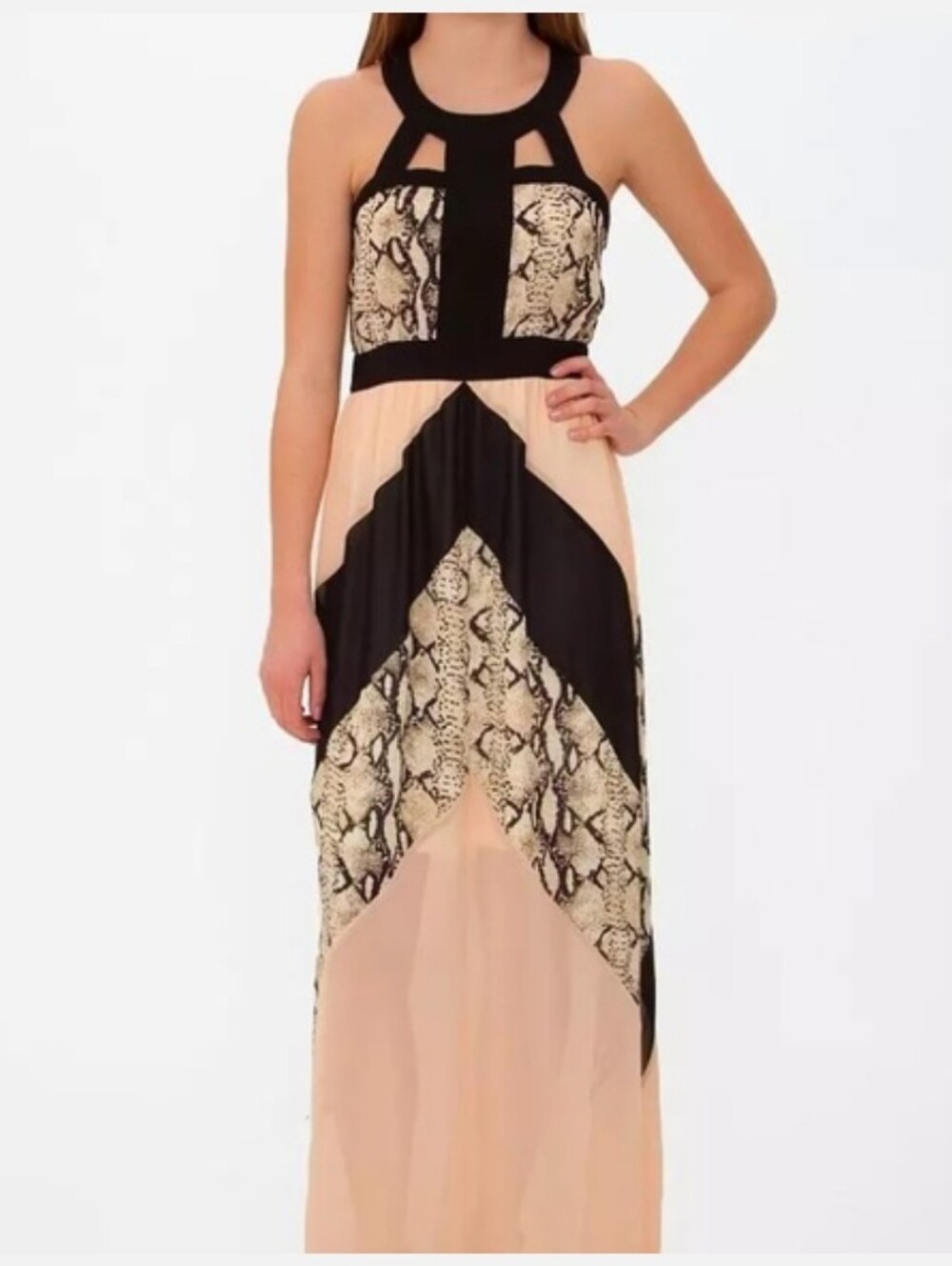 Flying Tomato NWT Halter Maxi Dress Snakeskin Beige Colorblock Boho Medium